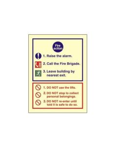 Photoluminescent Fire Action Sign, Rigid Plastic